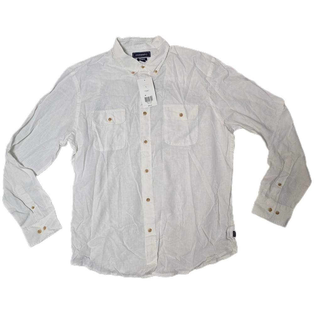 Crown & Ivy Mens Classic Fit Long Sleeve Button Down Shirt White Size L (AH)